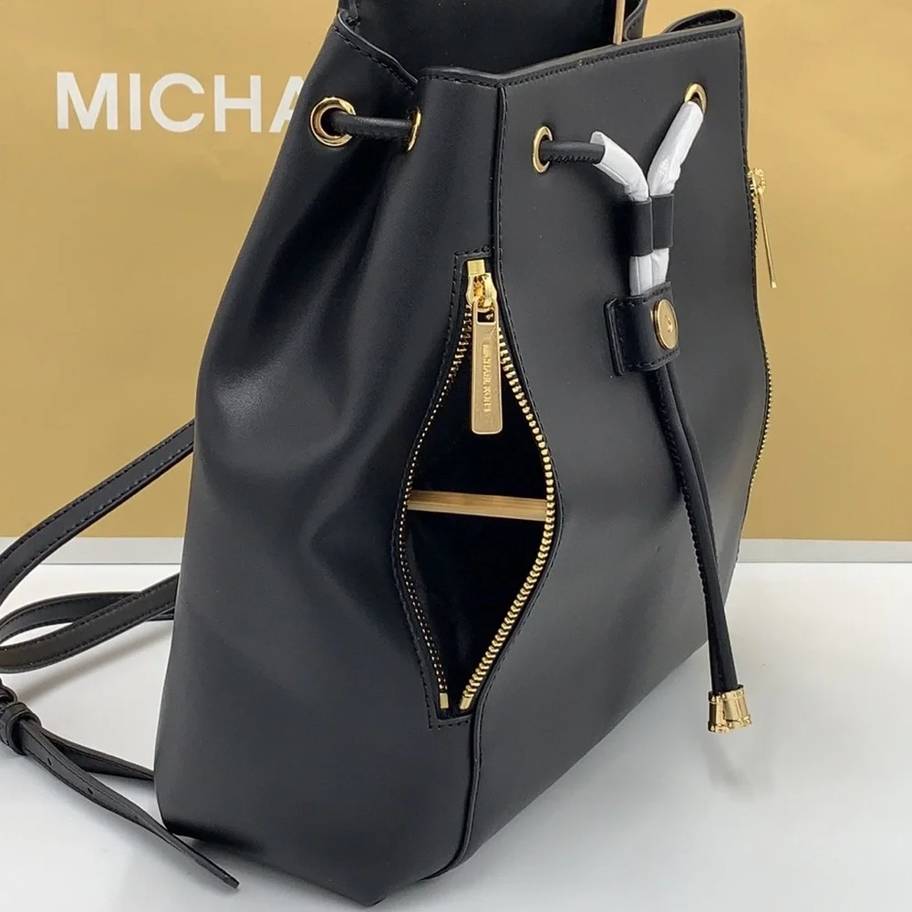 MICHAEL KORS PHOEBE MEDIUM FLAP DRAWSTRING BACKPACK BLACK COLOR - Picture 8 of 16
